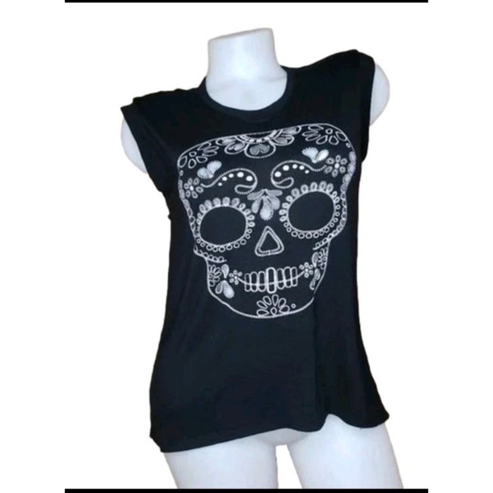 ALMOST FAMOUS L Black Sugar Skull Sleeveless Muscle Tank Top Cutout Festival Fun